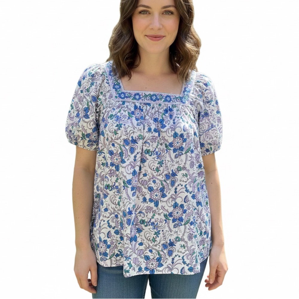 Talbots NWT Square Neck Boho Floral Print Puff Short Sleeve Top Size Xlarge